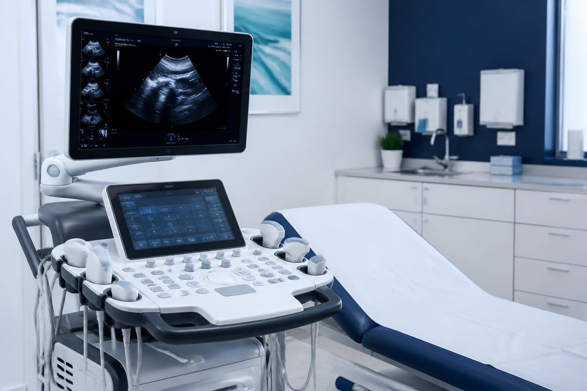 Modern diagnostic ultrasound machine in an examination room